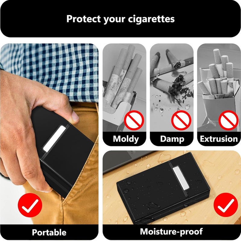 roygra علبة سجائر (3 عبوات)، حجم ملكي 100s مفتاح مغناطيسي 20 قطعة حاملة سجائر للرجال والنساء، ملحقات تدخين السجائر، صندوق معدني وبلاستيكي للتدخين (أسود + فضي + أزرق) - Image 4